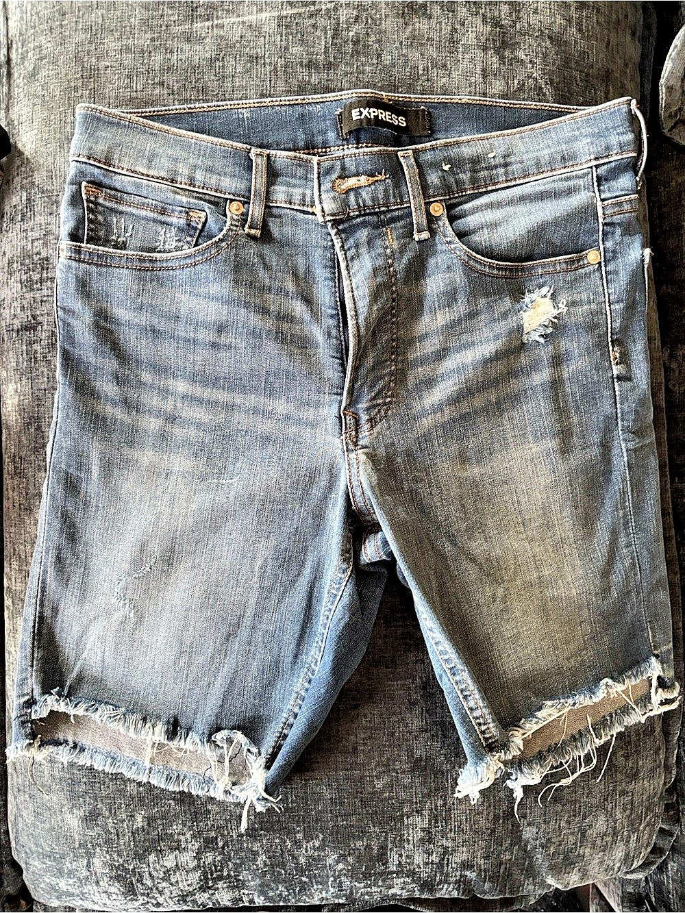 Express High Rise Bermuda Denim Shorts Distressed Blue Size 10